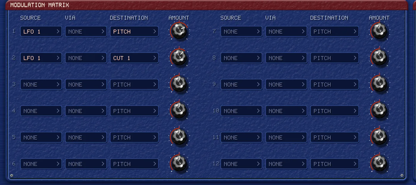 The modulation matrix: 12 numbered rows in two columns, each with a SOURCE window, a VIA window, a DESTINATION window and an AMOUNT knob. In this preset the first two rows read LFO 1 into PITCH and LFO 1 via CUT 1; the rest are set to NONE.