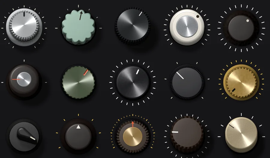 A close-up of fifteen of Weird Honker Two's knobs, five across and three down, and no two of them alike: a chrome skirted knob, a pale green fluted one, black knurled caps, a brushed brass one, a pointed chicken-head, a pale collar around a silver insert. Their pointers are painted lines, arrows, dots and dashes, and there is not a word between them.